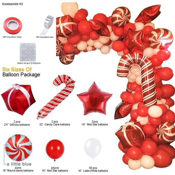 Christmas Balloon Arch Kit - Red White Balloons, Candy Balloons, Red Star Foil - Picture 2 of 7